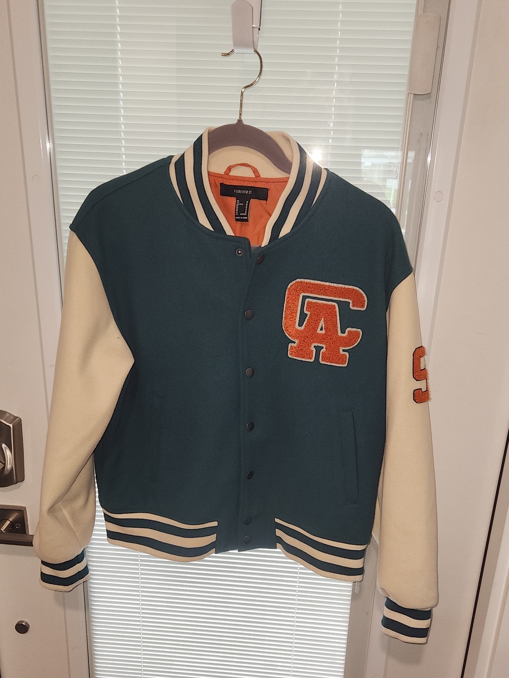 Forever 21  Teal and Cream Letterman Jacket with Orange Patch